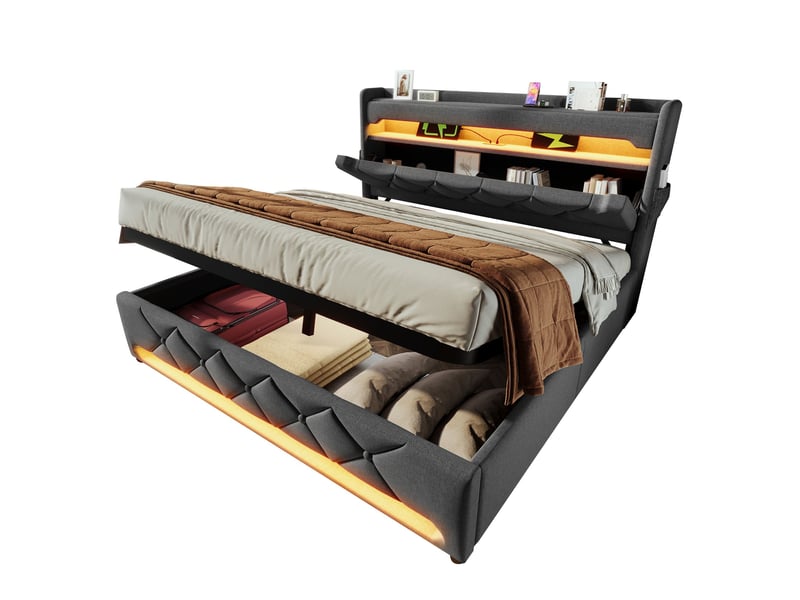  Lit coffre hydraulique 180x200 cm rembourré avec tête de lit rangement-led 360° et usb-c-sommier à lattes en lin-gris  - Conforama A