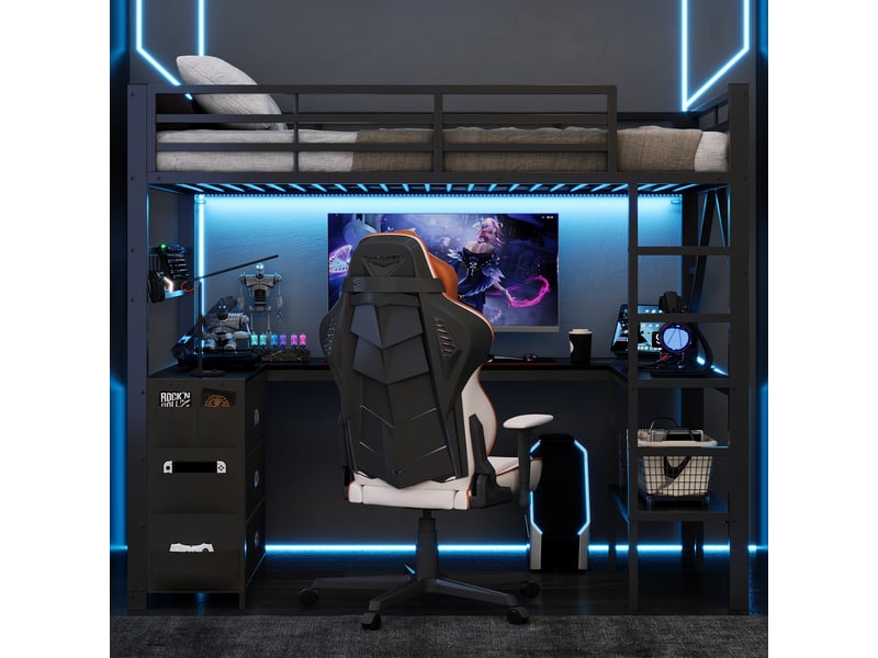  Lit mezzanine gaming 90x200 cm avec bureau, étagères, tiroirs et led, structure métal, noir OMNIGLINT TRADING LTD - Conforama E