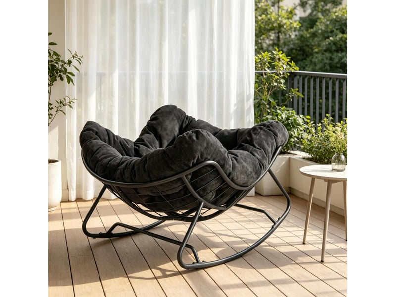 Rocking-chair avec assise profonde, dossier enveloppant et base incurvée, en chenille et métal noir 102,5 × 75 × 77 cm - Conforama B