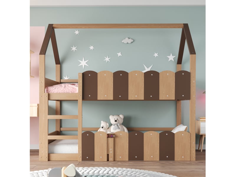  Lit superposé enfant 90x200 en forme de maison, bois naturel evryae  - Conforama D