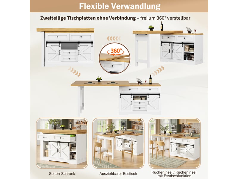  Desserte de cuisine extensible avec placard latéral, tiroirs cachés et plateaux pivotants en mdf pour cuisine blanche  - Conforama E