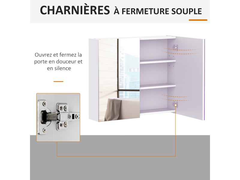  Armoire murale salle de bain avec miroir 70 x 60 cm avec étagère réglable, miroir salle de bain avec rangement, blanc  - Conforama W
