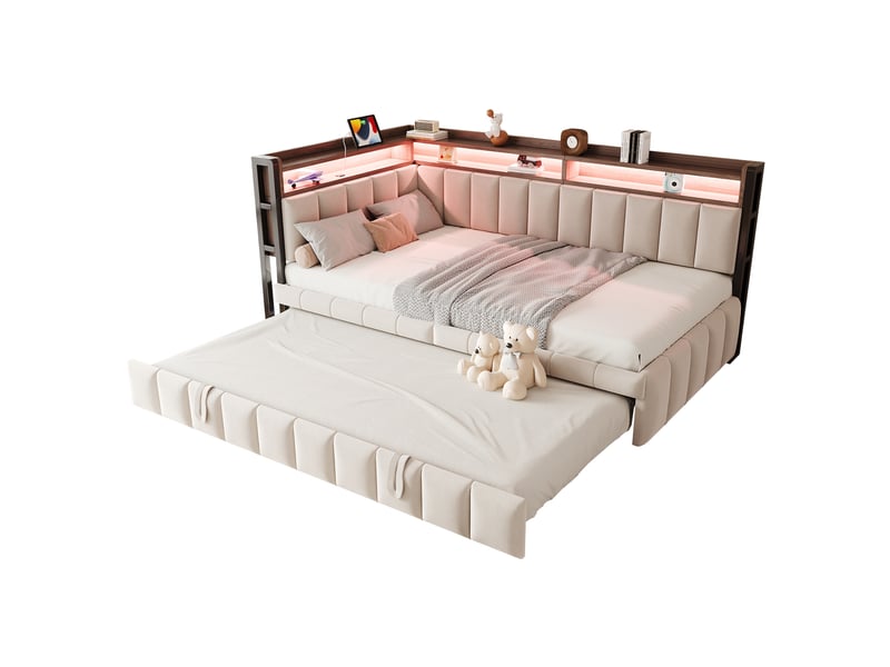  Modenvie canapé convertible gigogne 90x200 cm - led, usb et usb-c, avec rangements - beige  - Conforama A