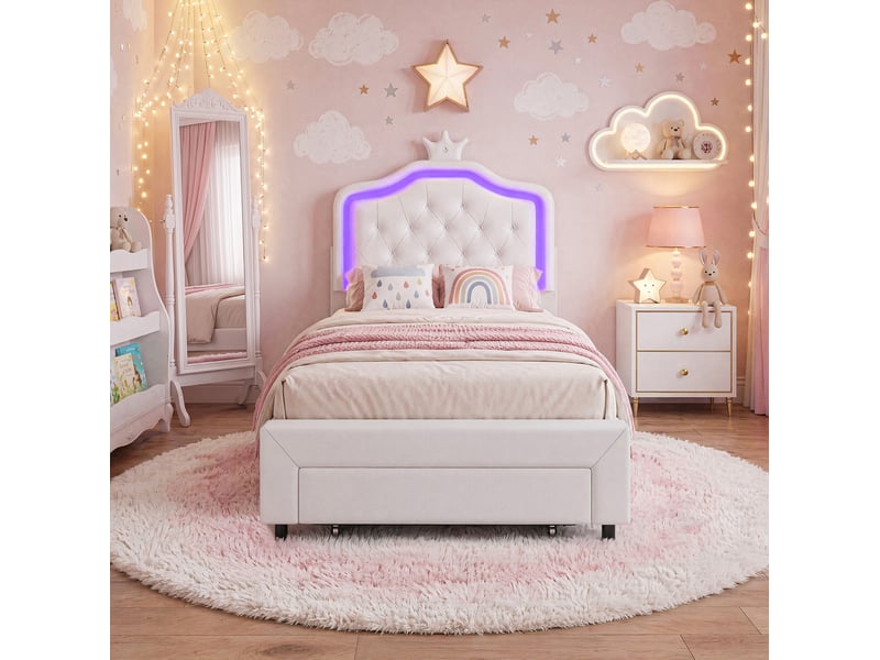  Lit simple 90 x 200 cm cadre de lit avec tiroir  lit rembourré avec lampes led et sommier à lattes et dossier pu blanc sans matelas  - Conforama W