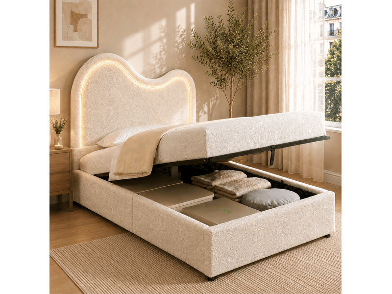 Lit enfant 90 × 200 cm coffre relevable avec sommier à lattes et éclairage led bouclé blanc pour chambre enfant - Conforama D