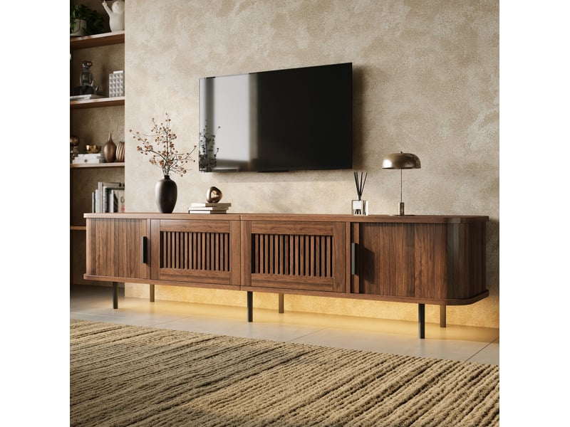 Meuble tv 2 tiroirs, 2 portes coulissantes, led réglable par application, mdf noyer pour salon 180 × 40 × 44,5 cm - Conforama B