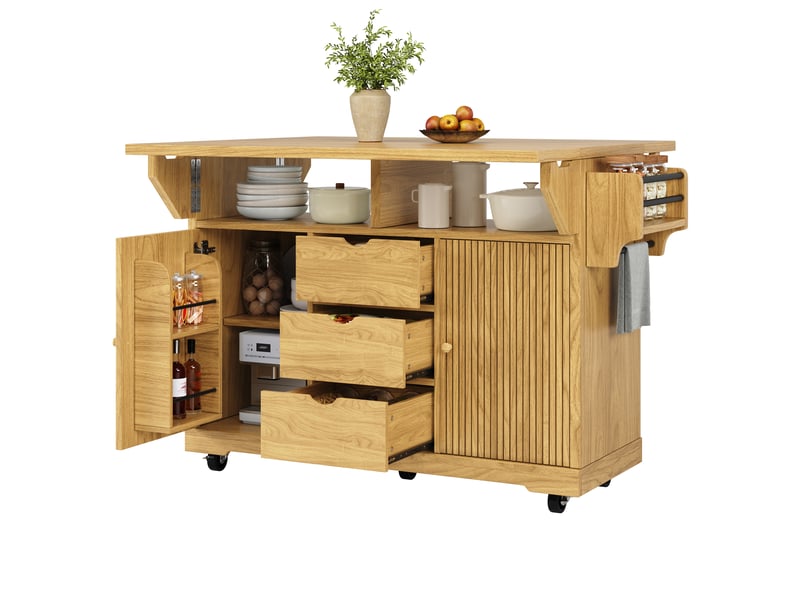  Desserte de cuisine avec rallonges pliables, chariot de cuisine avec tiroirs, table de cuisine mobile, couleur marron naturel.  - Conforama A