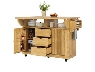 Desserte de cuisine avec rallonges pliables, chariot de cuisine avec tiroirs, table de cuisine mobile, couleur marron naturel.