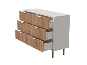 Commode, 100x34x73cm, 6 tiroirs de rangement, en bois avec pieds en métal, design à lattes, style moderne, blanc et bois naturel