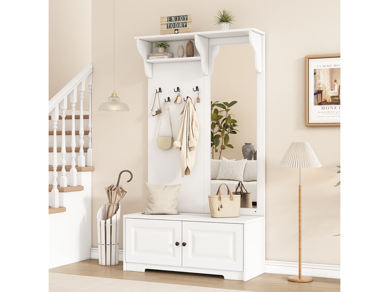  Meuble d’entrée avec miroir et banc à chaussures, 5 patères, 2 placards, 100 x 40 x 180 cm, blanc  - Conforama C