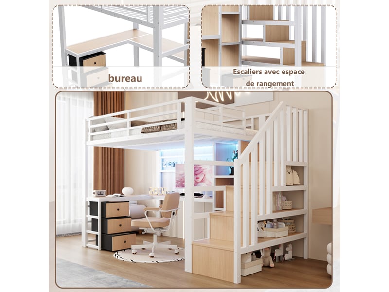  Lit mezzanine 90x200 cm blanc en métal, avec bureau, escalier rangement, led, tiroirs et étagères, sans matelas  - Conforama E