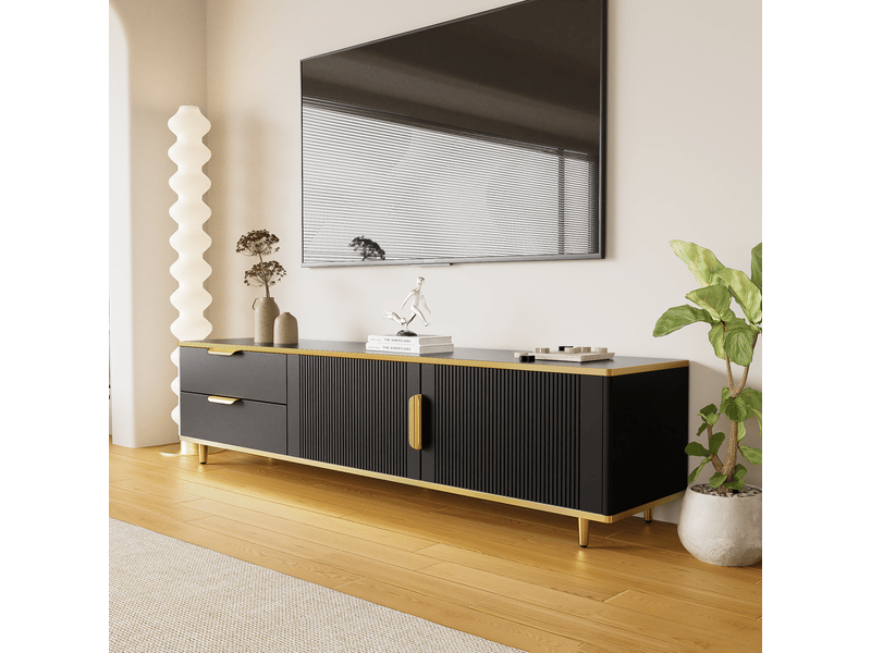  Meuble tv 175x40x45cm, meuble télé, 2 tiroirs de rangement, 2 portes avec texture sculptée, panneau de particules noir  - Conforama D