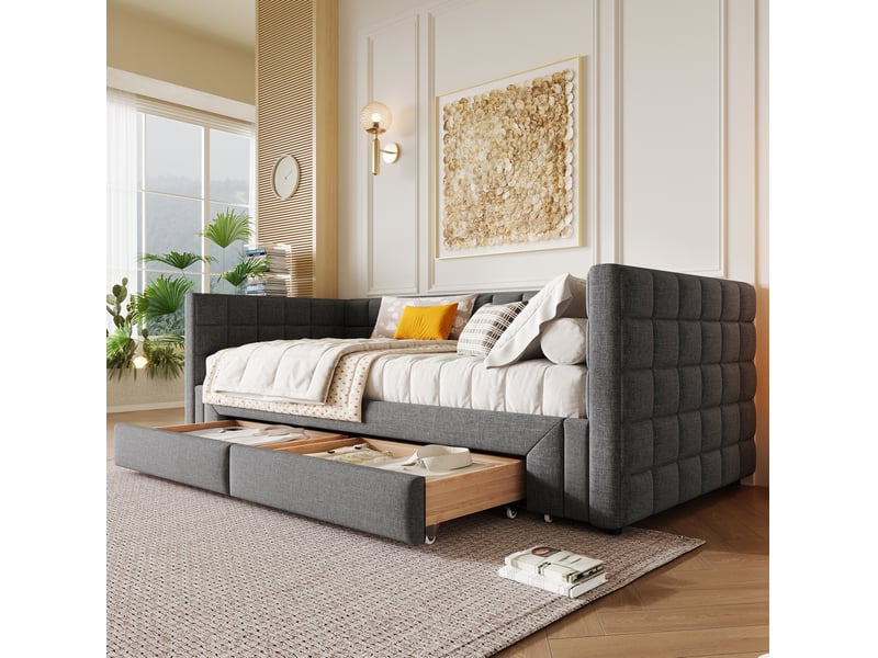  Lit extensible 90x200 cm en velours gris avec 2 tiroirs  - Conforama E