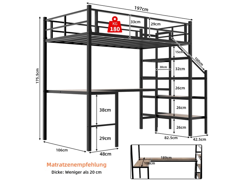  Lit mezzanine 90x190 cm, lit enfant, bureau en l, étagère, escalier de rangement, garde-corps, métal noir, sans matelas  - Conforama C