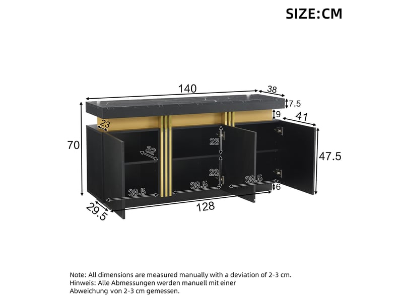  Sideboard noir et doré 3 portes avec 6 compartiments réglables - 140 x 38 x 70 cm  - Conforama E