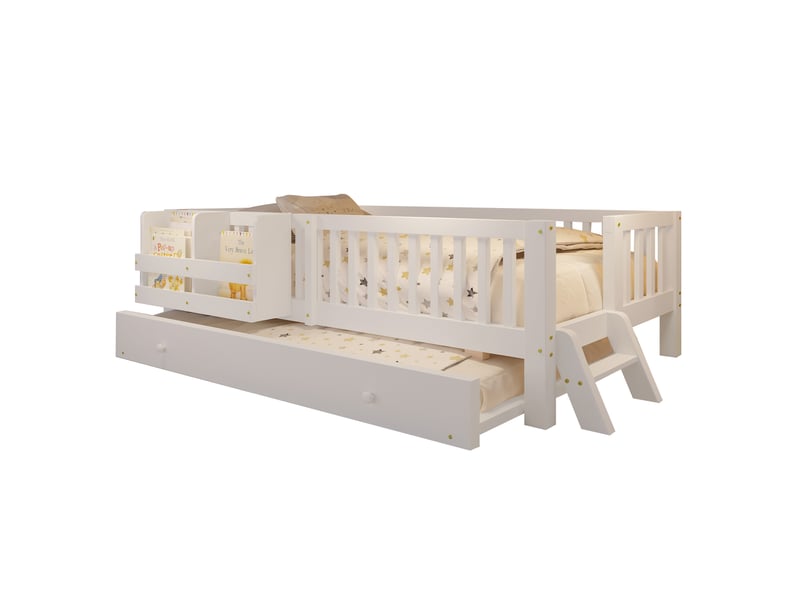 Lit simple 90x200 cm avec lit gigogne et étagères, lit banquette avec tête de lit rangement en bois massif et mdf blanc - Conforama A