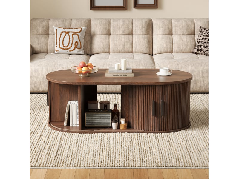  Table basse ovale 100x50x33 cm avec portes à rideau, finition noyer  - Conforama D