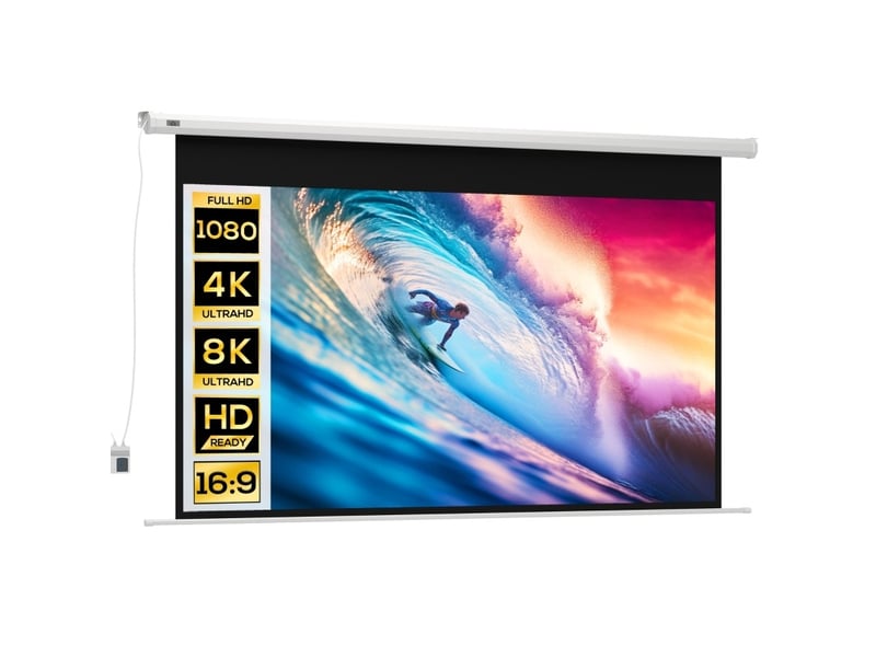  Écran de projection motorisé 100 pouces 16:9 – blanc – télécommande et fixation murale ou plafond incluse  - Conforama A