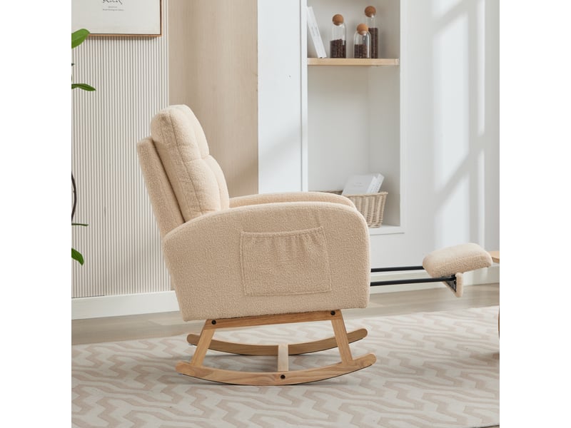  Fauteuil à bascule beige en tissu bouclette avec repose-jambes intégré et pieds en bois massif 132x50x99 cm  - Conforama R