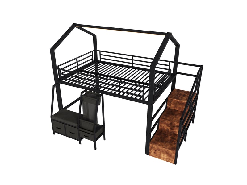 Lit mezzanine 140x200 cm, lit combiné, tiroirs de rangement, échelle, rangements intégrés, éclairage led, support à lattes stable, mdf et métal noir CozyNest - Conforama A