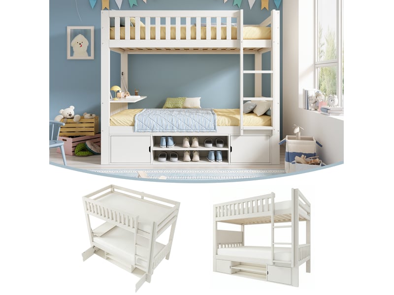  Lit superposé enfant 90x200 cm avec bureau rabattable, rangements intégrés et sommier à lattes, bois blanc  - Conforama D