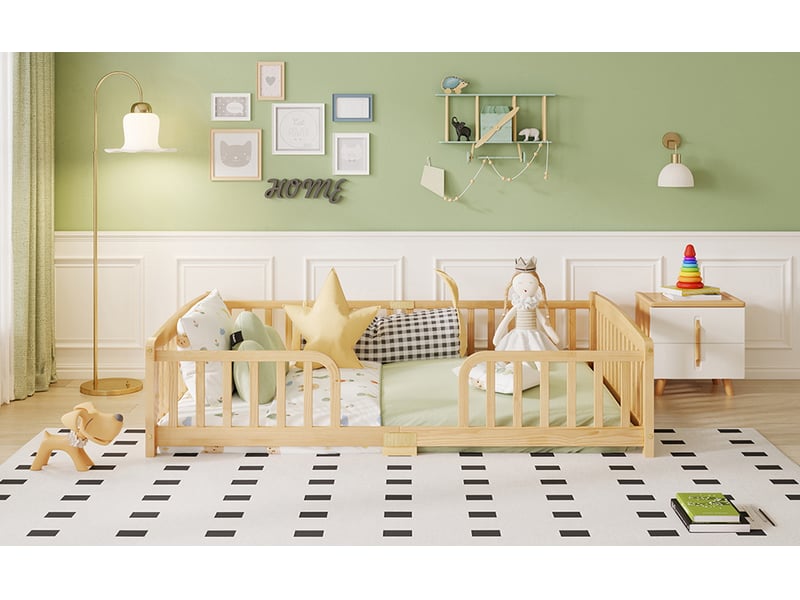 Lit au sol 140x200 cm avec barrière de sécurité et entrée centrale en pin naturel pour enfant avec notice et visserie Sol Morn - Conforama E