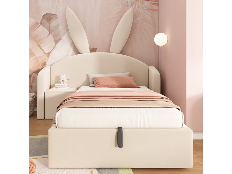  Modenvie lit enfant avec rangement 90x200 cm - coffre hydraulique, chevet reversible, sans matelas - beige  - Conforama D