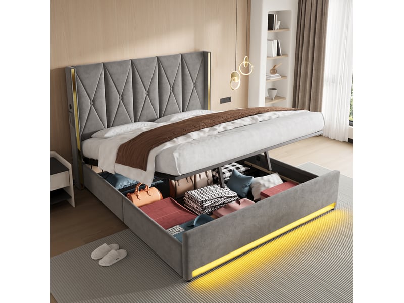  Lit coffre 180x200 cm, lit double, rangement hydraulique, led, port usb, velours gris foncé  - Conforama A
