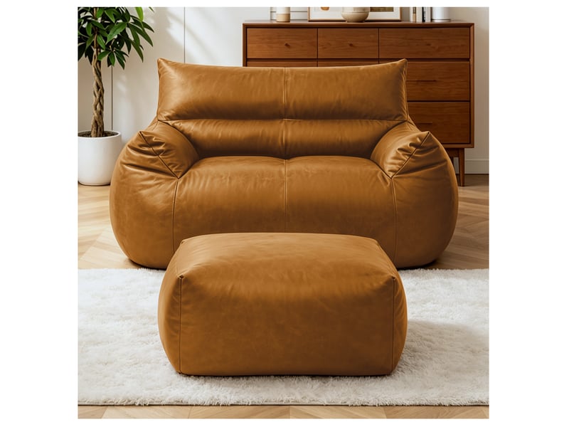  Canapé pouf 2 places modenvie avec repose-pieds, tissu technique et simili marron, mousse à mémoire de forme, 135 x 100 x 75 cm  - Conforama B