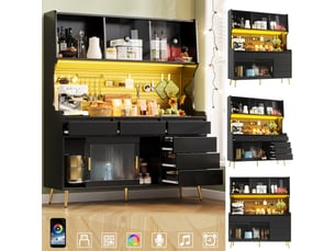 Buffet de cuisine noir 145x171 cm, meuble haut portes coulissantes en verre et mdf, rangement élégant