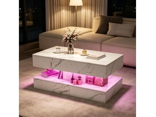 Table basse marbre blanc –table basse rectangulaire  - éclairage led  – rangement double – 100×50×45 cm