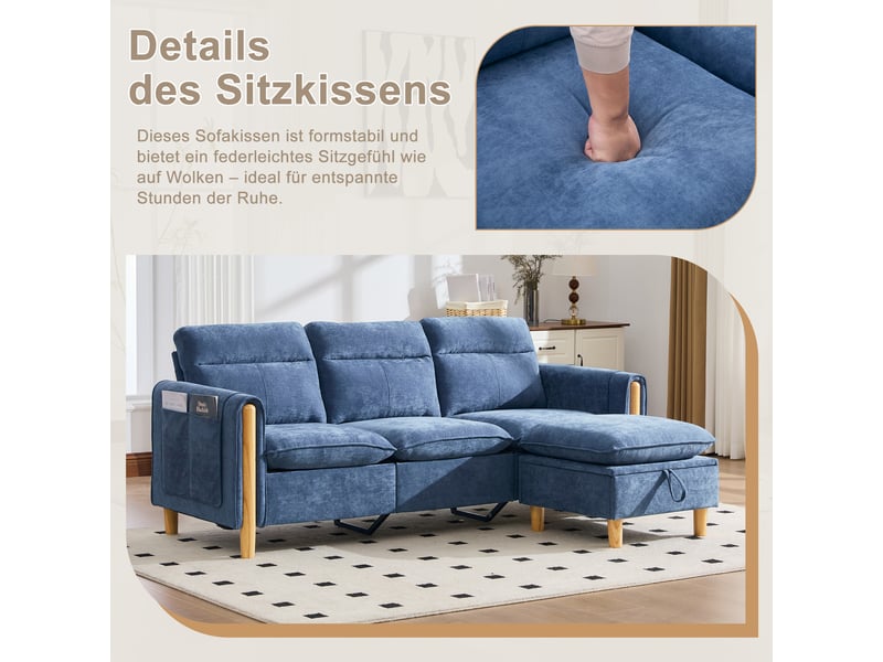  Canapé 3 places en chenille bleu avec coffre et poches latérales, structure en bois massif  - Conforama E