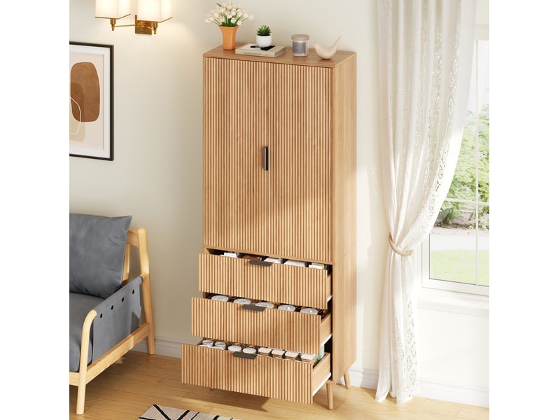  Buffet haut 75x35x180 cm, avec 3 tiroirs et 2 portes finition bois naturel, style épuré  - Conforama B