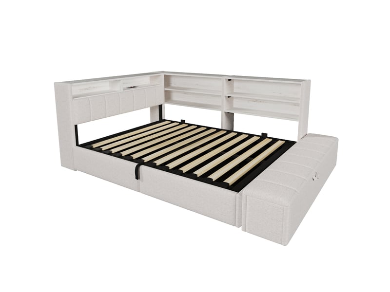  Canapé-lit 140 x 200 cm, suspension hydraulique, banquette-lit, prise électrique, caisson latéral réversible (à gauche ou à droite) avec port usb et éclairage led, sans matelas, velours blanc.  - Conforama A