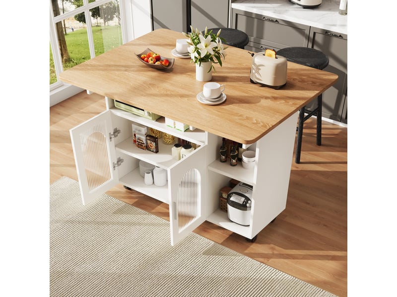  Îlot de cuisine avec plateau rabattable et desserte de cuisine sur roulettes, meuble de rangement blanc en mdf avec portes en verre, 120x70x79.5cm  - Conforama C