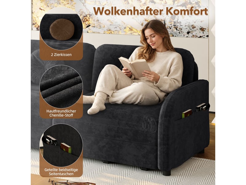 Canapé-lit 166 cm fonction convertible couchage d'appoint 2 places poches de rangement sur les deux côtés coussins amovibles revêtement en chenille coloris noir format 3-en-1 - Conforama B