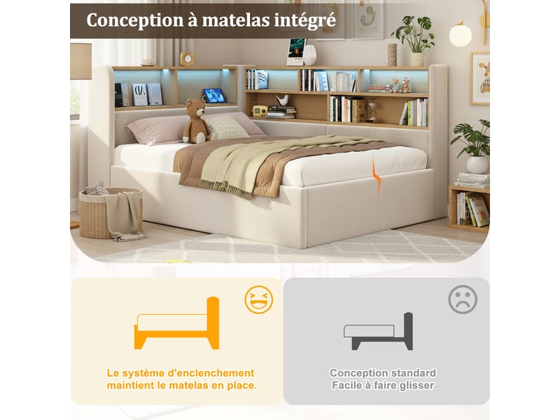  Lit coffre 90 x 200 cm avec rangement hydraulique, led et usbusb-c, canapé-lit en velours beige avec rangements ouverts au dossier et côté  - Conforama E