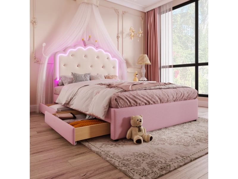  Lit gigogne 140x200cm coloris rose led pu lit enfant rose - Conforama E