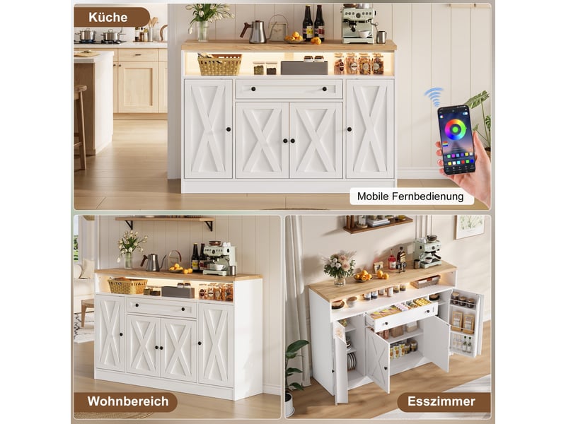  Buffet de cuisine 140x35x95 cm - éclairage led - grand rangement - commande par application - 4 portes - avec tiroirs - mdf - vaisselier - blanc CozyNest - Conforama E