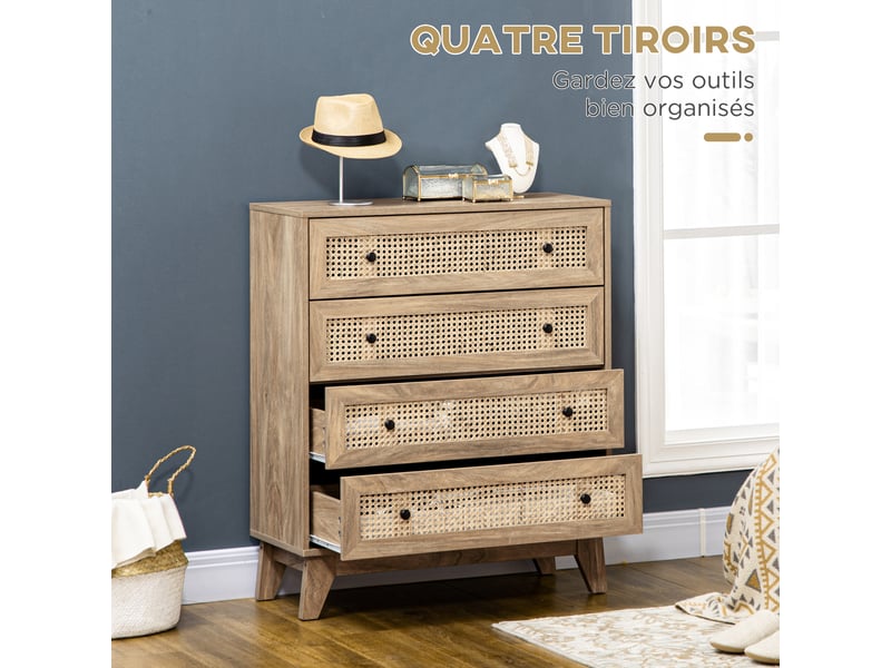  Commode 4 tiroirs meuble de rangement cannage en rotin 80 x 35 x 95 cm aspect bois clair  - Conforama E