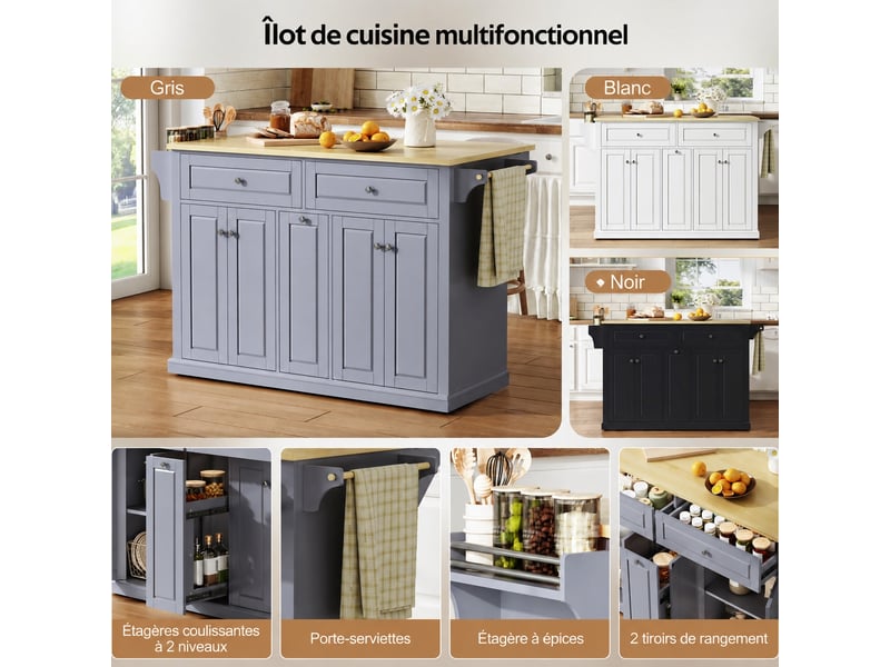  Îlot de cuisine mobile avec plan de travail rabattable, rangements et roulettes verrouillables, gris et bois clair  - Conforama D