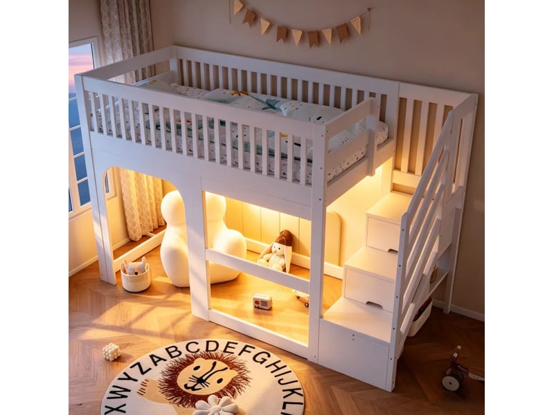  Lit surélevé enfant, 90x200 cm, sommier à lattes, échelle, rangement, avec led, matelas non inclus, bois, coloris blanc  - Conforama D