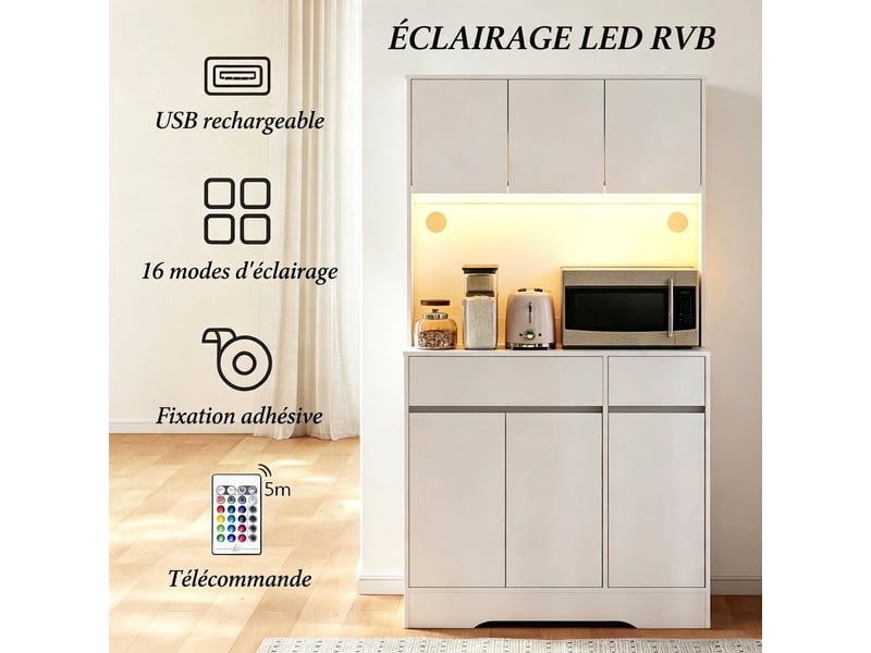  Buffet de cuisine haut 100x38x180 cm avec led rgb, 6 portes, 2 tiroirs et plan de travail  - Conforama E