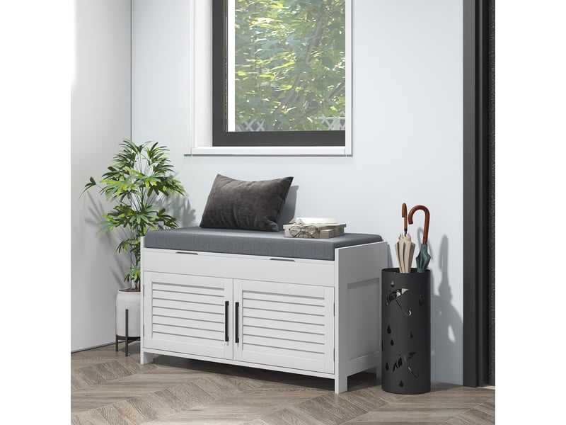  Banc à chaussures avec étagère intérieure réglable à 6 niveaux, en mdf et imitation lin, 90 x 36 x 50 cm, blanc et gris  - Conforama C