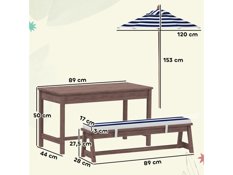  Ensemble salon de jardin extérieur enfant avec coussins et parasol amovible, rayé bleu marine et blanc  - Conforama D