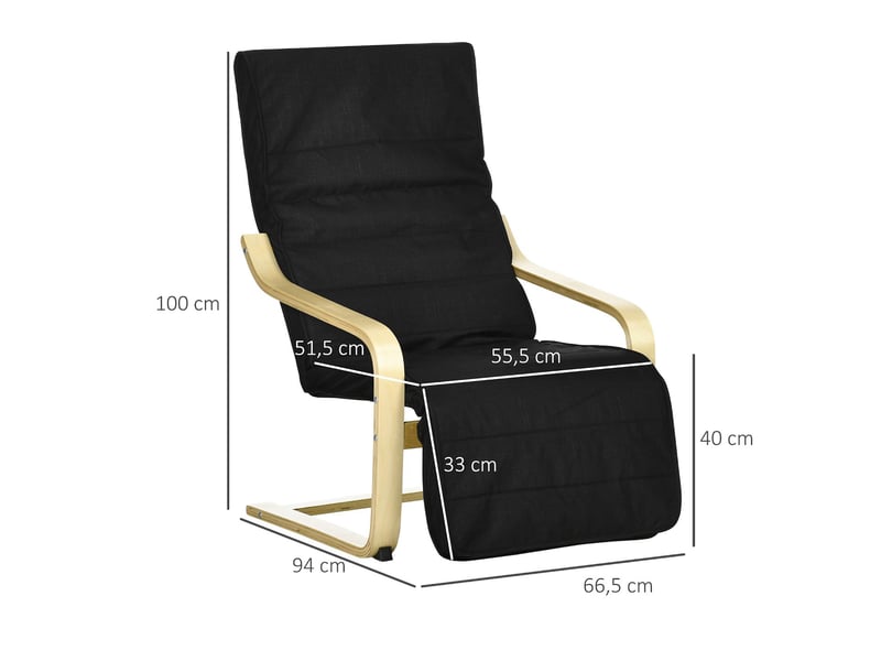  Fauteuil relax avec repose-pied réglable en bois massif noir 94x66,5x100 cm  - Conforama C