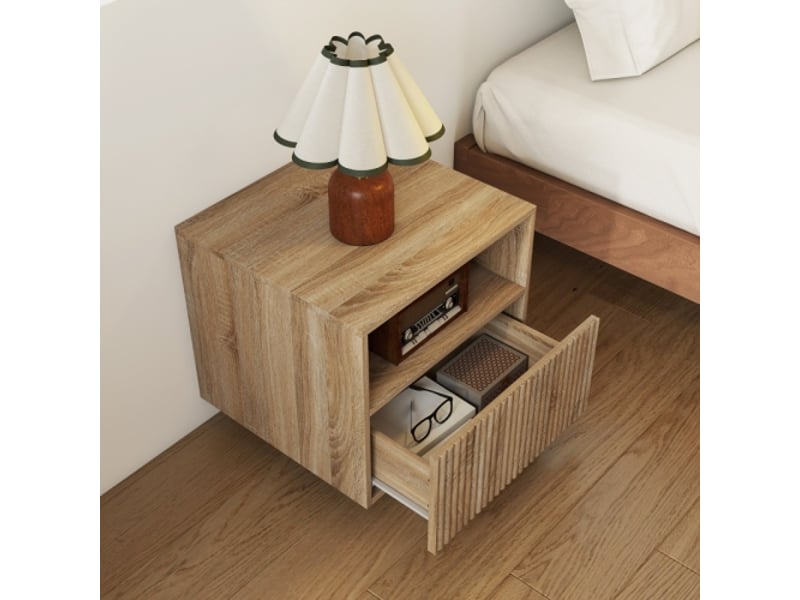 Table de nuit murale avec tiroir et compartiment ouvert, design sans poignée, marron clair  - Conforama W