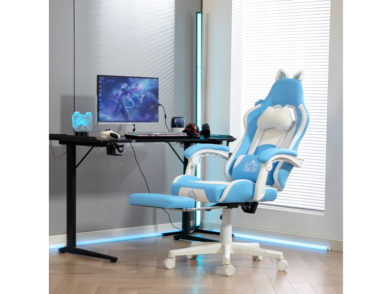 Fauteuil gaming avec oreilles de chat, dossier inclinable, repose-pieds extensible, capacité de charge jusqu'à 120 kg, bleu marine - Conforama D
