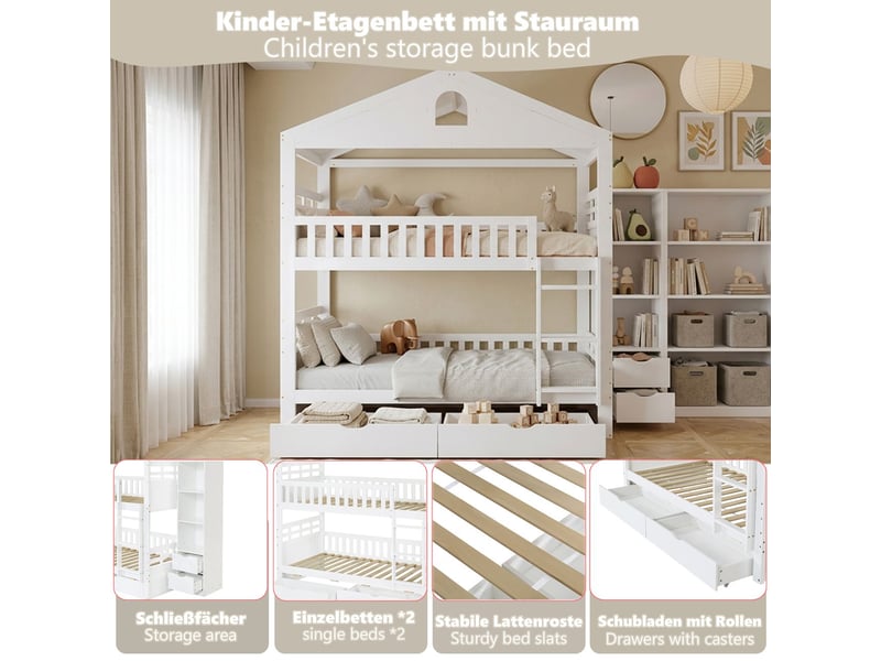 Lit superposé enfant 90 x 200 cm forme maison finition blanche échelle intégrée 2 grands tiroirs armoire de rangement latérale barrière de sécurité anti-chute - Conforama D