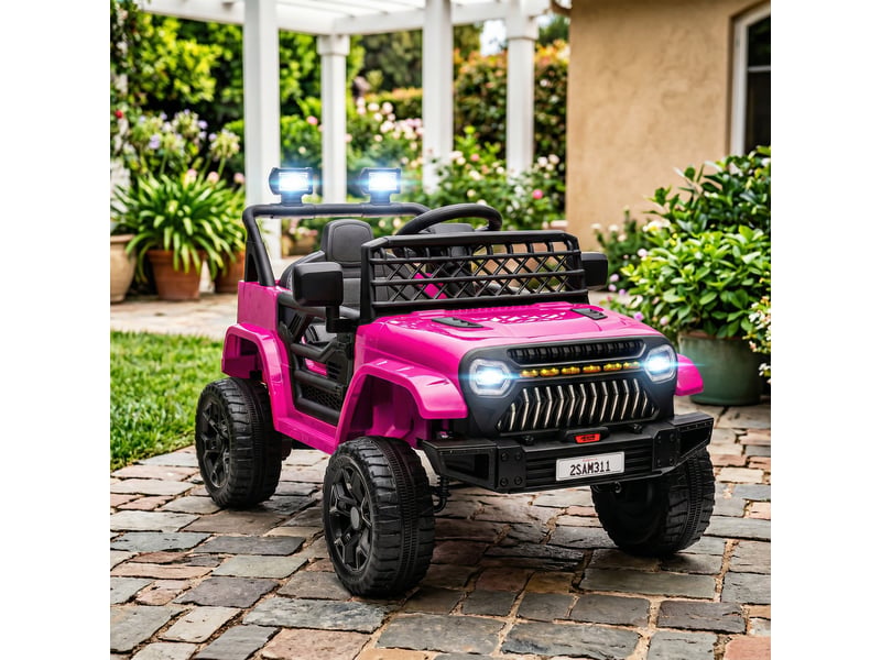 Voiture électrique pour enfants avec batterie 12v, télécommande, vitesse réglable, alimentation usb, phares, klaxon, rosefuchsia - Conforama D